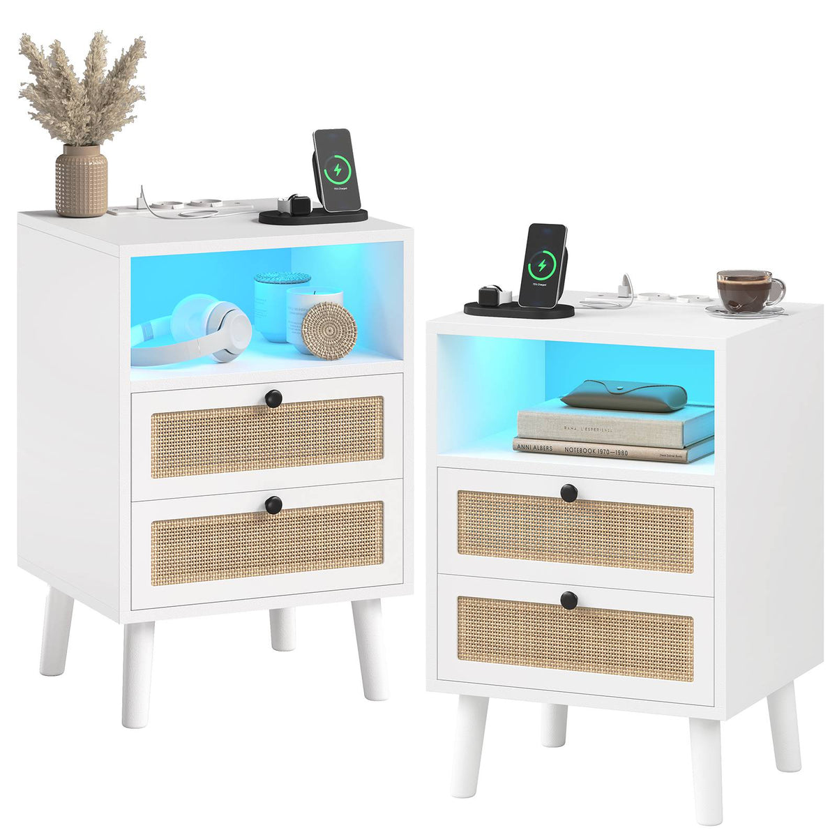 Table de Chevet en Rotin avec Avec Lumières LED et Multiprise 2 Prises CA 2 Ports USB Tables d'appoint avec 2 Tiroirs et Compartiment