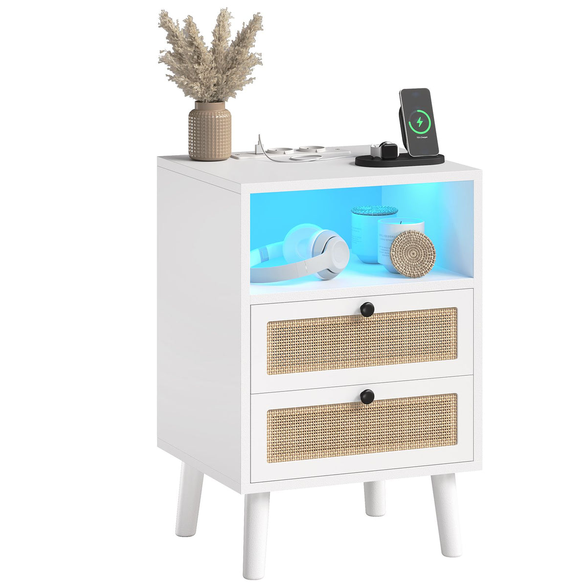 Table de Chevet en Rotin avec Avec Lumières LED et Multiprise 2 Prises CA 2 Ports USB Tables d'appoint avec 2 Tiroirs et Compartiment