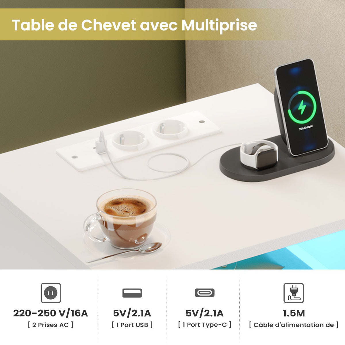 Table de Chevet en Rotin avec Avec Lumières LED et Multiprise 2 Prises CA 2 Ports USB Tables d'appoint avec 2 Tiroirs et Compartiment
