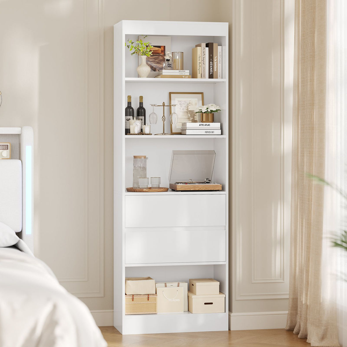 Bibliothèque Meuble de Rangement avec 2 Grands Tiroirs et 4 Compartiments Colonne Polyvalente avec Étagère Réglable180x60x24 CM