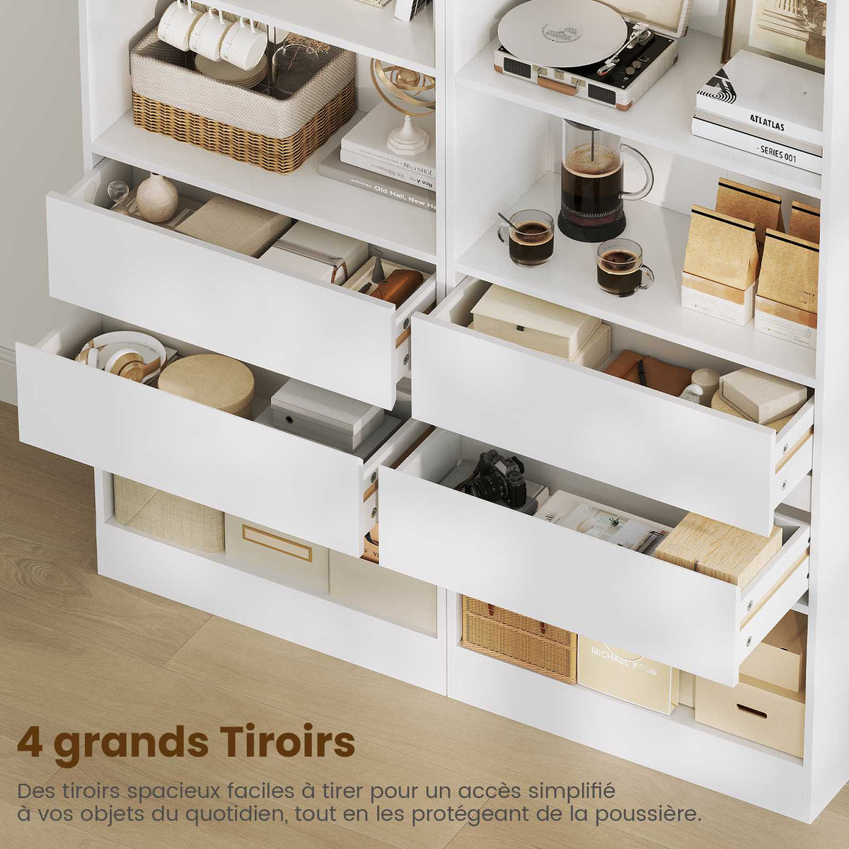 Bibliothèque Meuble de Rangement avec 2 Grands Tiroirs et 4 Compartiments Colonne Polyvalente avec Étagère Réglable180x60x24 CM
