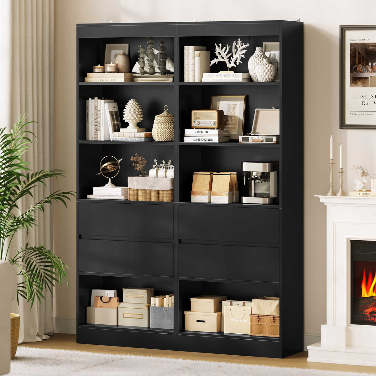 Bibliothèque Meuble de Rangement avec 2 Grands Tiroirs et 4 Compartiments Colonne Polyvalente avec Étagère Réglable180x60x24 CM
