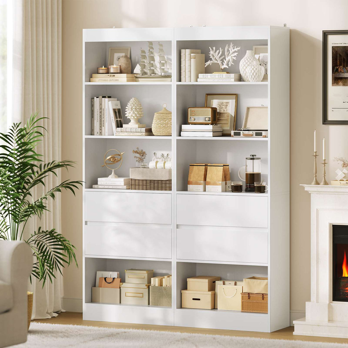 Bibliothèque Meuble de Rangement avec 2 Grands Tiroirs et 4 Compartiments Colonne Polyvalente avec Étagère Réglable180x60x24 CM
