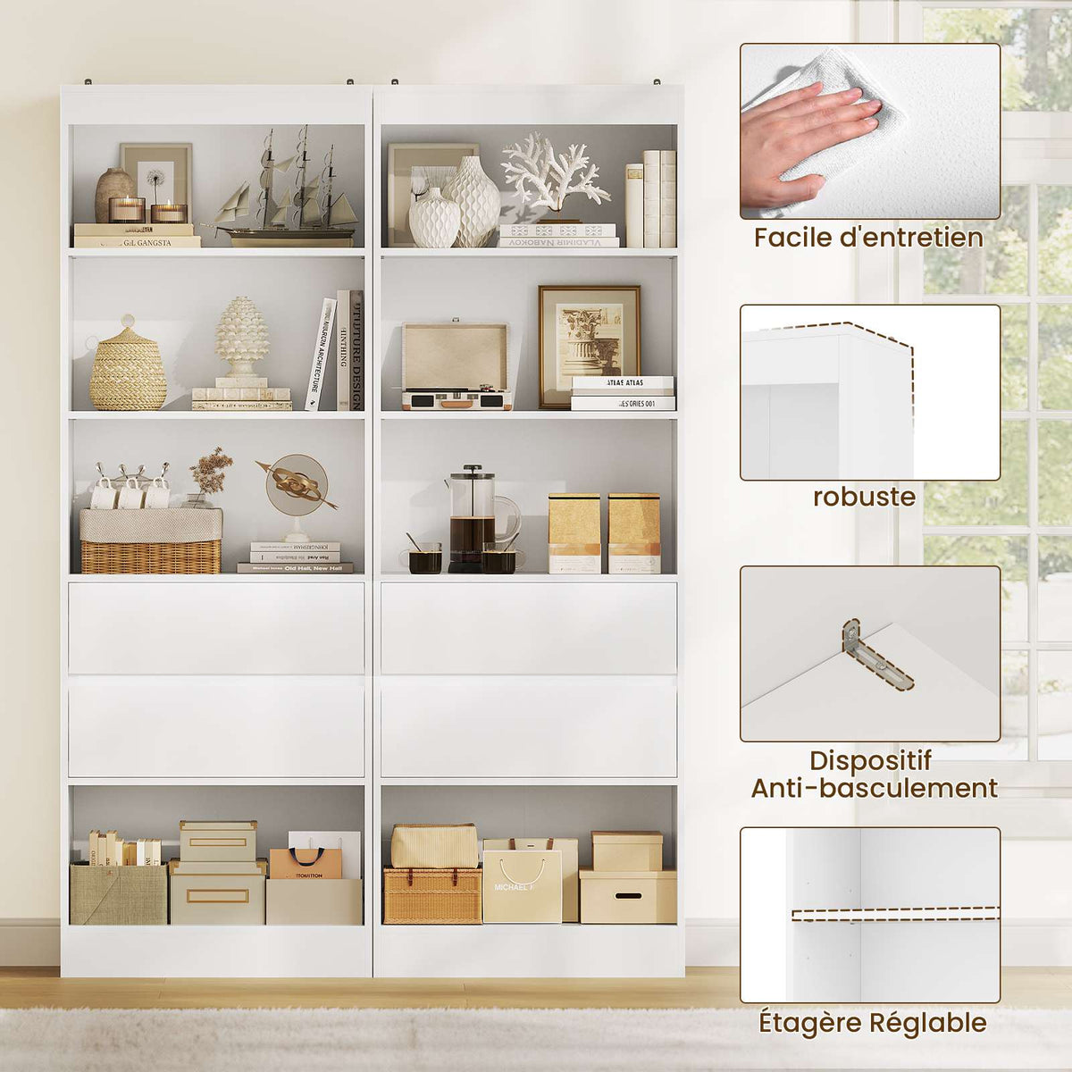 Bibliothèque Meuble de Rangement avec 2 Grands Tiroirs et 4 Compartiments Colonne Polyvalente avec Étagère Réglable180x60x24 CM
