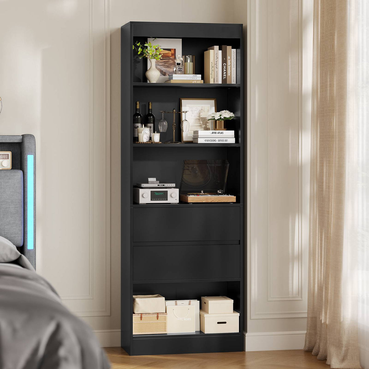 Bibliothèque Meuble de Rangement avec 2 Grands Tiroirs et 4 Compartiments Colonne Polyvalente avec Étagère Réglable180x60x24 CM