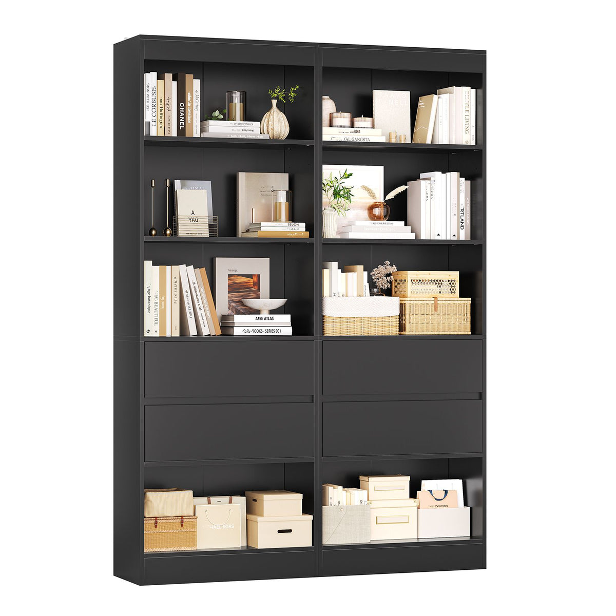 Bibliothèque Meuble de Rangement avec 2 Grands Tiroirs et 4 Compartiments Colonne Polyvalente avec Étagère Réglable180x60x24 CM