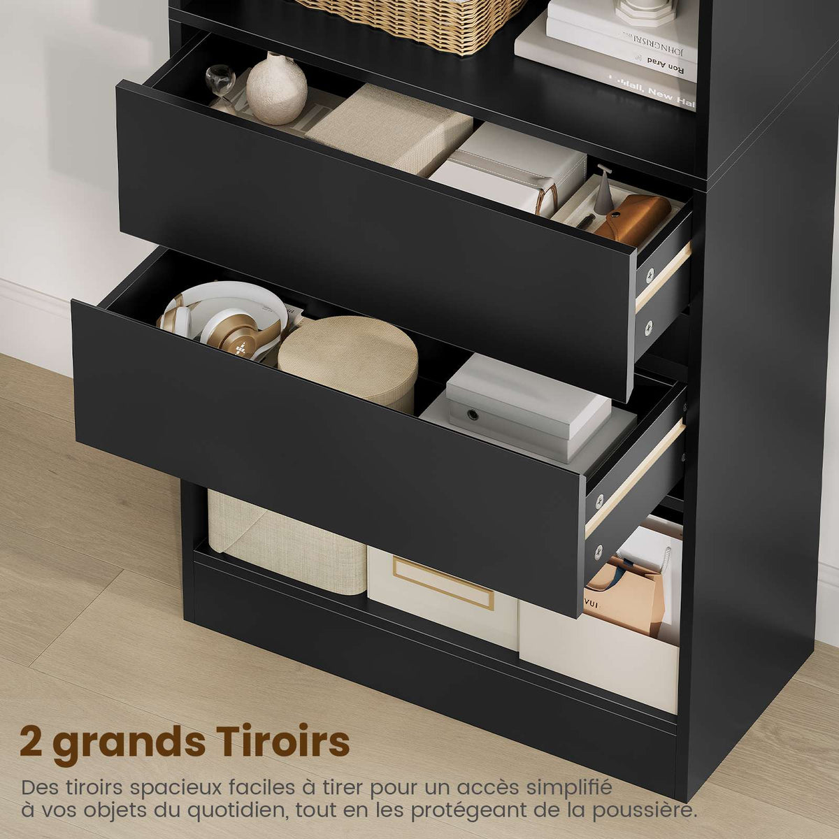Bibliothèque Meuble de Rangement avec 2 Grands Tiroirs et 4 Compartiments Colonne Polyvalente avec Étagère Réglable180x60x24 CM