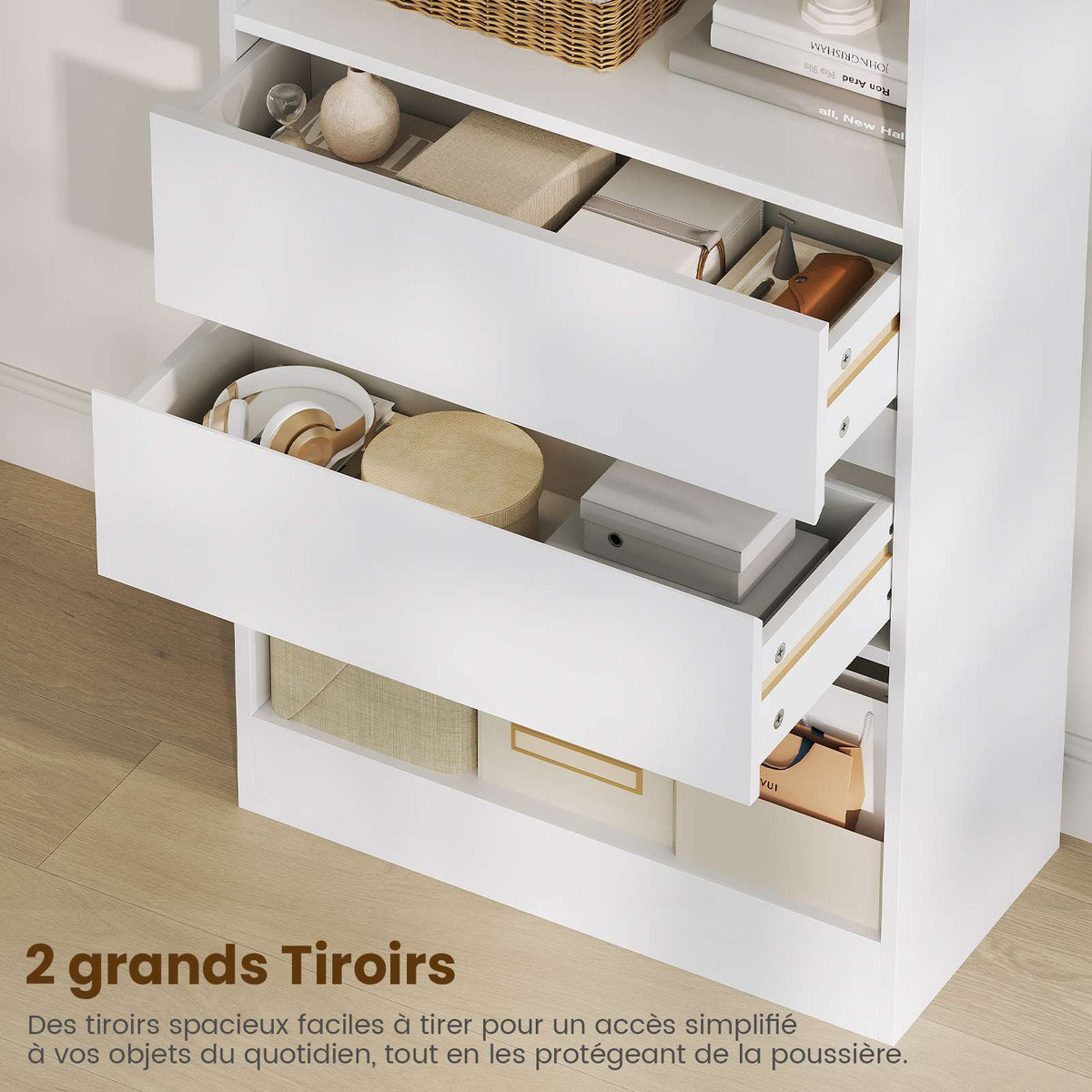 Bibliothèque Meuble de Rangement avec 2 Grands Tiroirs et 4 Compartiments Colonne Polyvalente avec Étagère Réglable180x60x24 CM