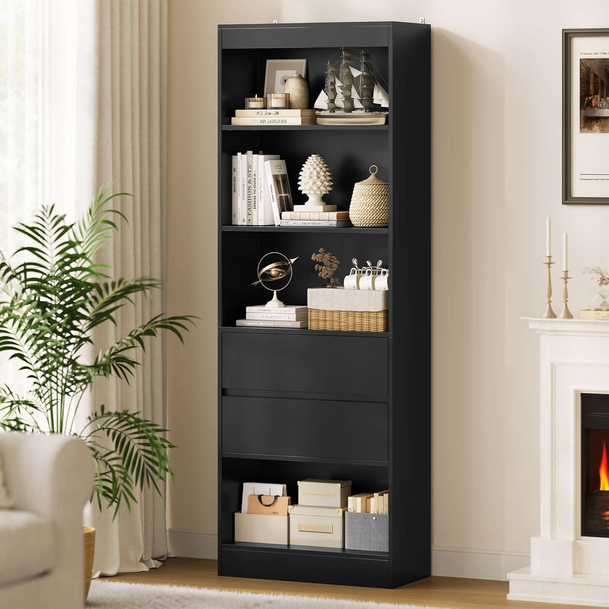 Bibliothèque Meuble de Rangement avec 2 Grands Tiroirs et 4 Compartiments Colonne Polyvalente avec Étagère Réglable180x60x24 CM