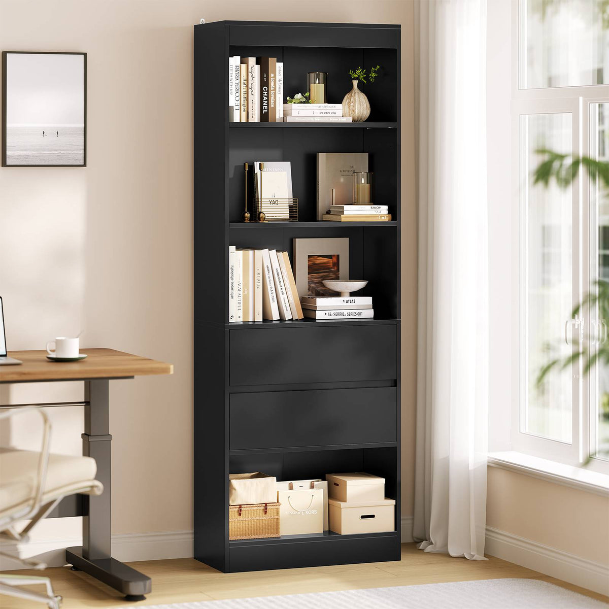 Bibliothèque Meuble de Rangement avec 2 Grands Tiroirs et 4 Compartiments Colonne Polyvalente avec Étagère Réglable180x60x24 CM