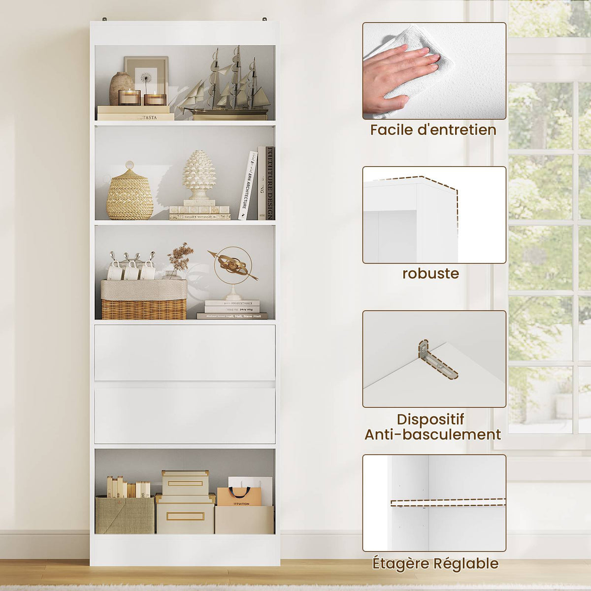 Bibliothèque Meuble de Rangement avec 2 Grands Tiroirs et 4 Compartiments Colonne Polyvalente avec Étagère Réglable180x60x24 CM