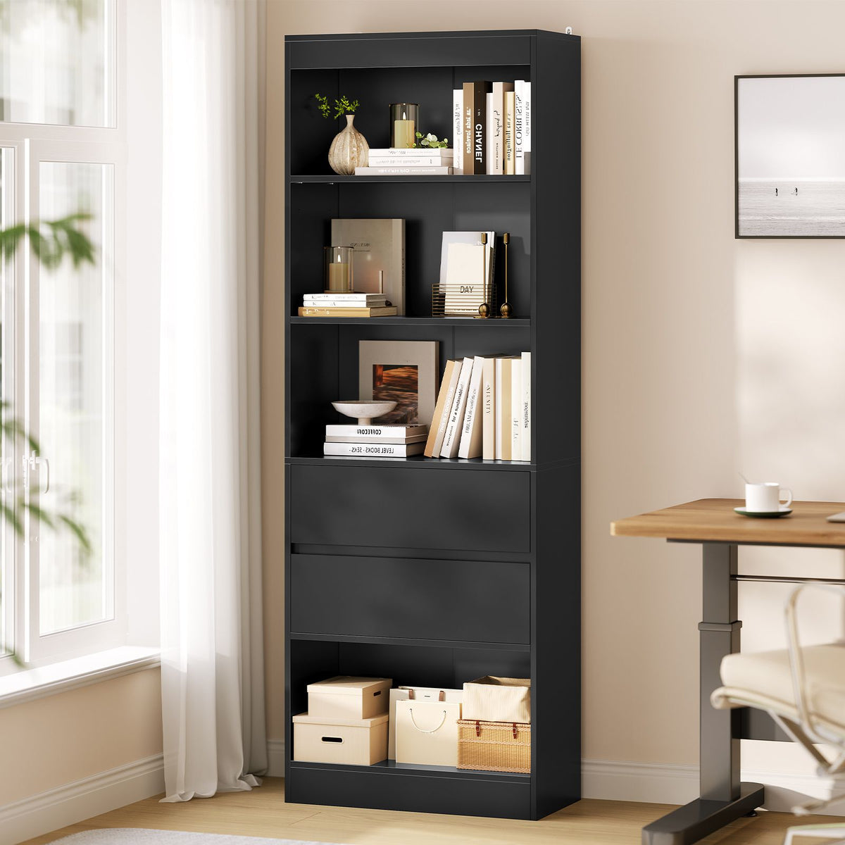 Bibliothèque Meuble de Rangement avec 2 Grands Tiroirs et 4 Compartiments Colonne Polyvalente avec Étagère Réglable180x60x24 CM