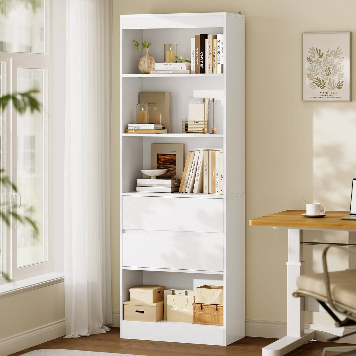 Bibliothèque Meuble de Rangement avec 2 Grands Tiroirs et 4 Compartiments Colonne Polyvalente avec Étagère Réglable180x60x24 CM