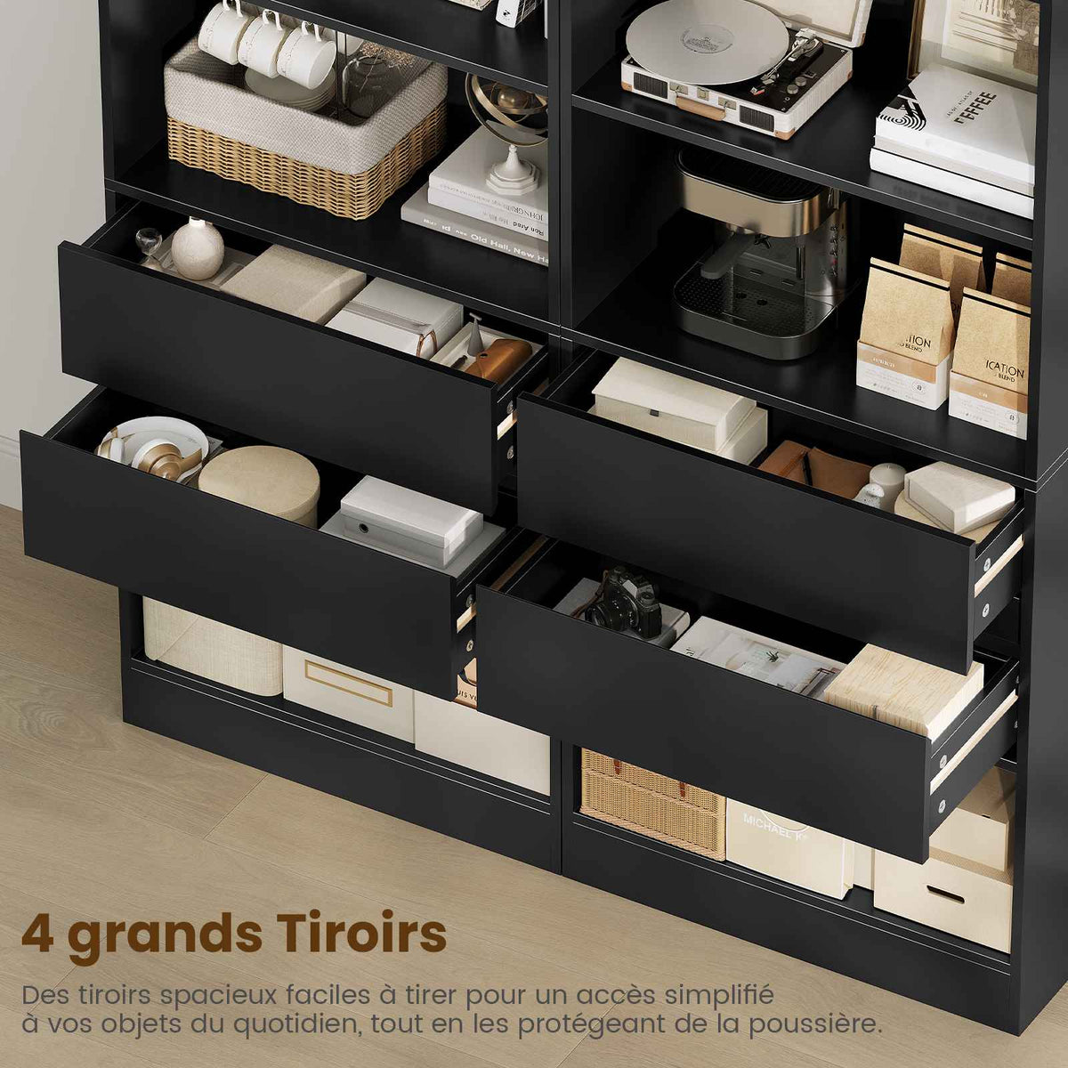 Bibliothèque Meuble de Rangement avec 2 Grands Tiroirs et 4 Compartiments Colonne Polyvalente avec Étagère Réglable180x60x24 CM