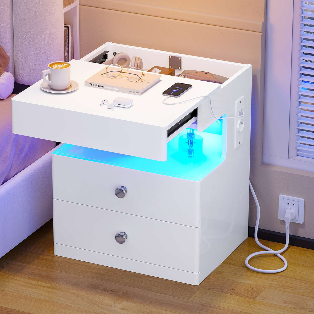 Table de chevet AOGLLATI avec lumière LED et veilleuse prise électrique 2 tiroirs et espace de rangement noir 40x35x59 cm