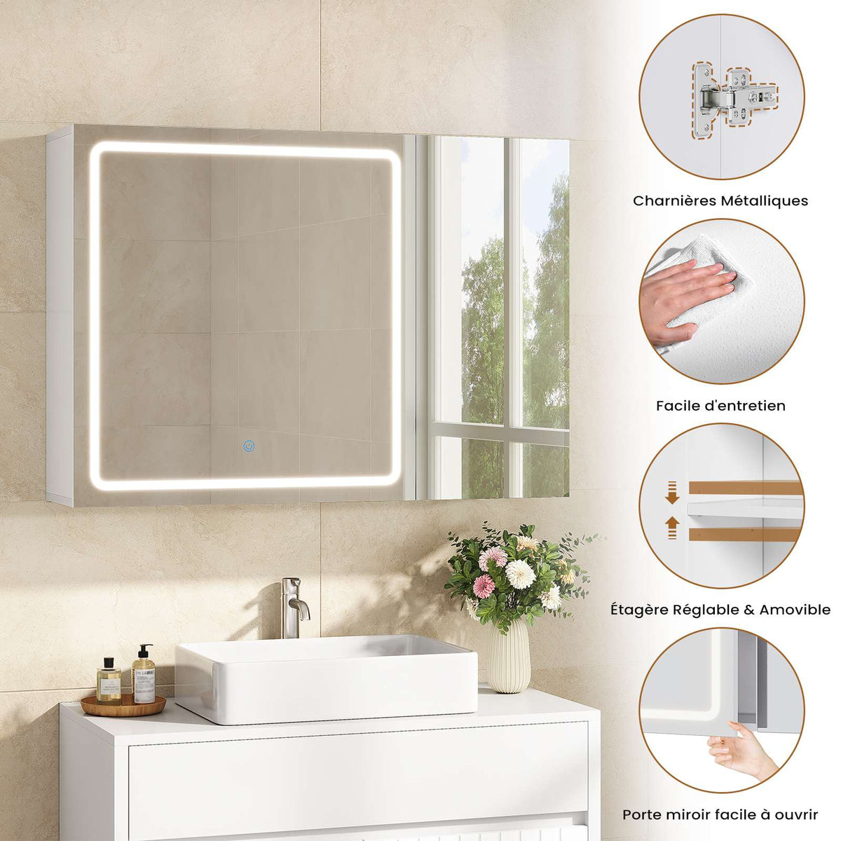 AOGLLATI  Armoire Murale Salle de Bain avec Prise 3 Températures Lumière  Dimmable  Armoire de Toilette avec Miroir HD 16 x 80 x 60 cm Blanc