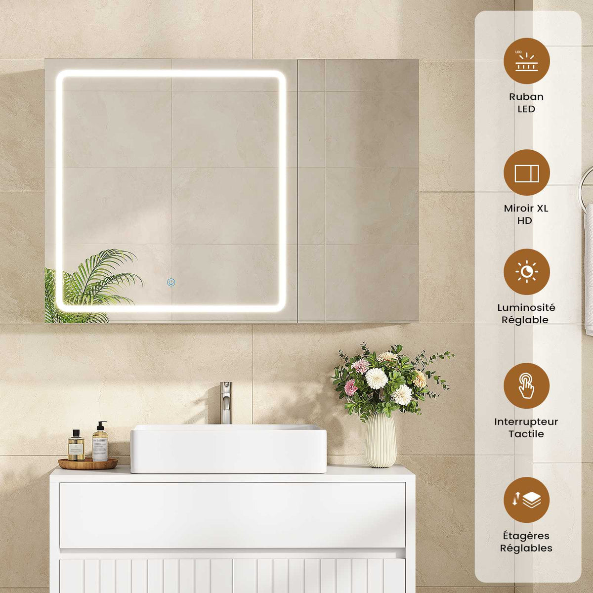 AOGLLATI  Armoire Murale Salle de Bain avec Prise 3 Températures Lumière  Dimmable  Armoire de Toilette avec Miroir HD 16 x 80 x 60 cm Blanc