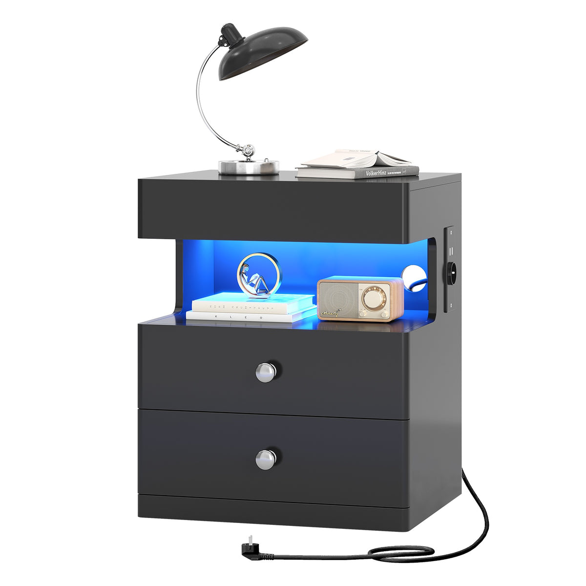 Table de chevet AOGLLATI avec lumière LED et veilleuse prise électrique 2 tiroirs et espace de rangement noir 40x35x59 cm