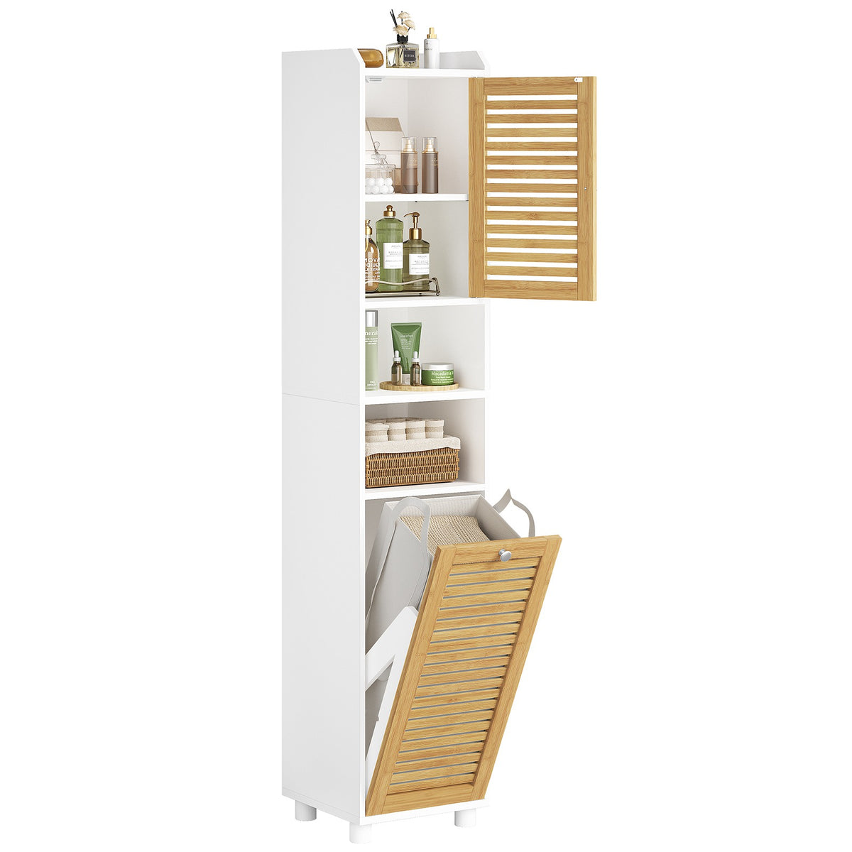 Meuble Colonne Salle de Bain Meuble de Rangement avec Etagère Réglable 2 Paniers à Linge 2 Étagères Ouvertes 30 x 30 x 170 cm