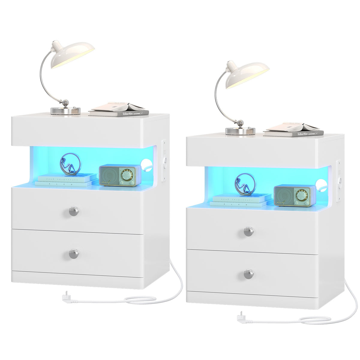 Table de chevet AOGLLATI avec lumière LED et veilleuse prise électrique 2 tiroirs et espace de rangement noir 40x35x59 cm