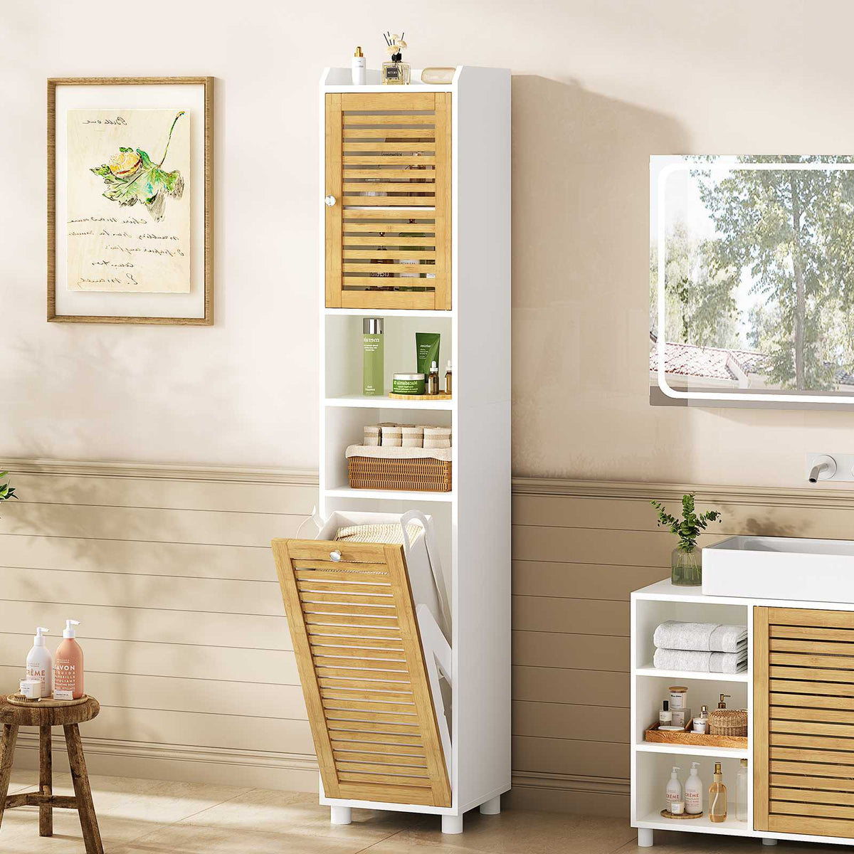 Meuble Colonne Salle de Bain Meuble de Rangement avec Etagère Réglable 2 Paniers à Linge 2 Étagères Ouvertes 30 x 30 x 170 cm