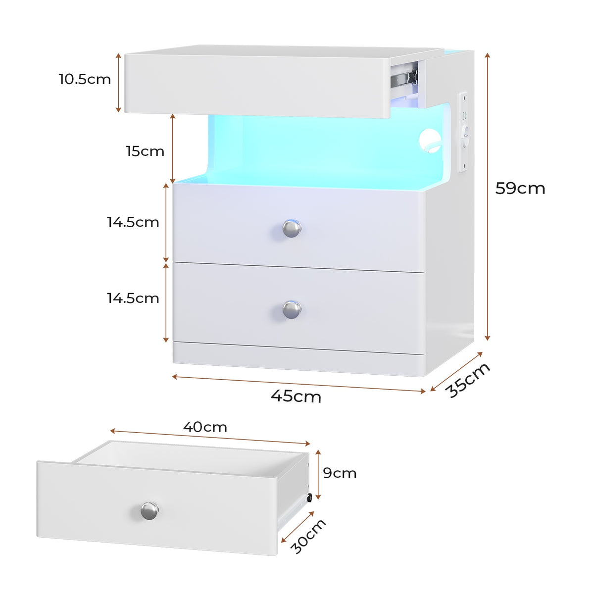 Table de chevet AOGLLATI avec lumière LED et veilleuse prise électrique 2 tiroirs et espace de rangement noir 40x35x59 cm