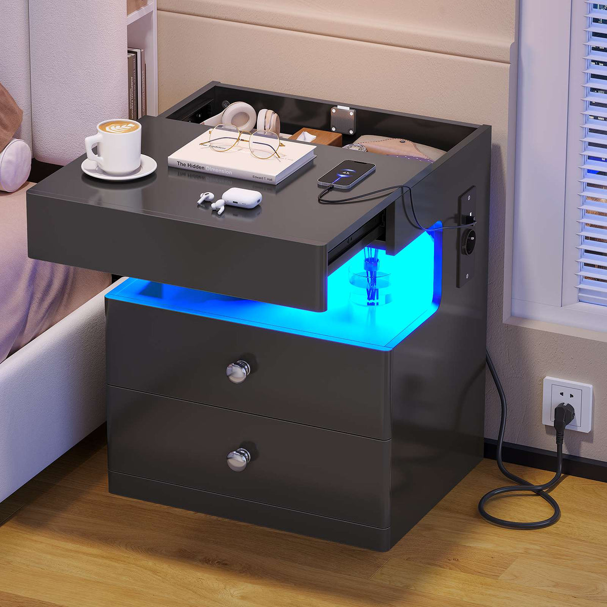 Table de chevet AOGLLATI avec lumière LED et veilleuse prise électrique 2 tiroirs et espace de rangement noir 40x35x59 cm