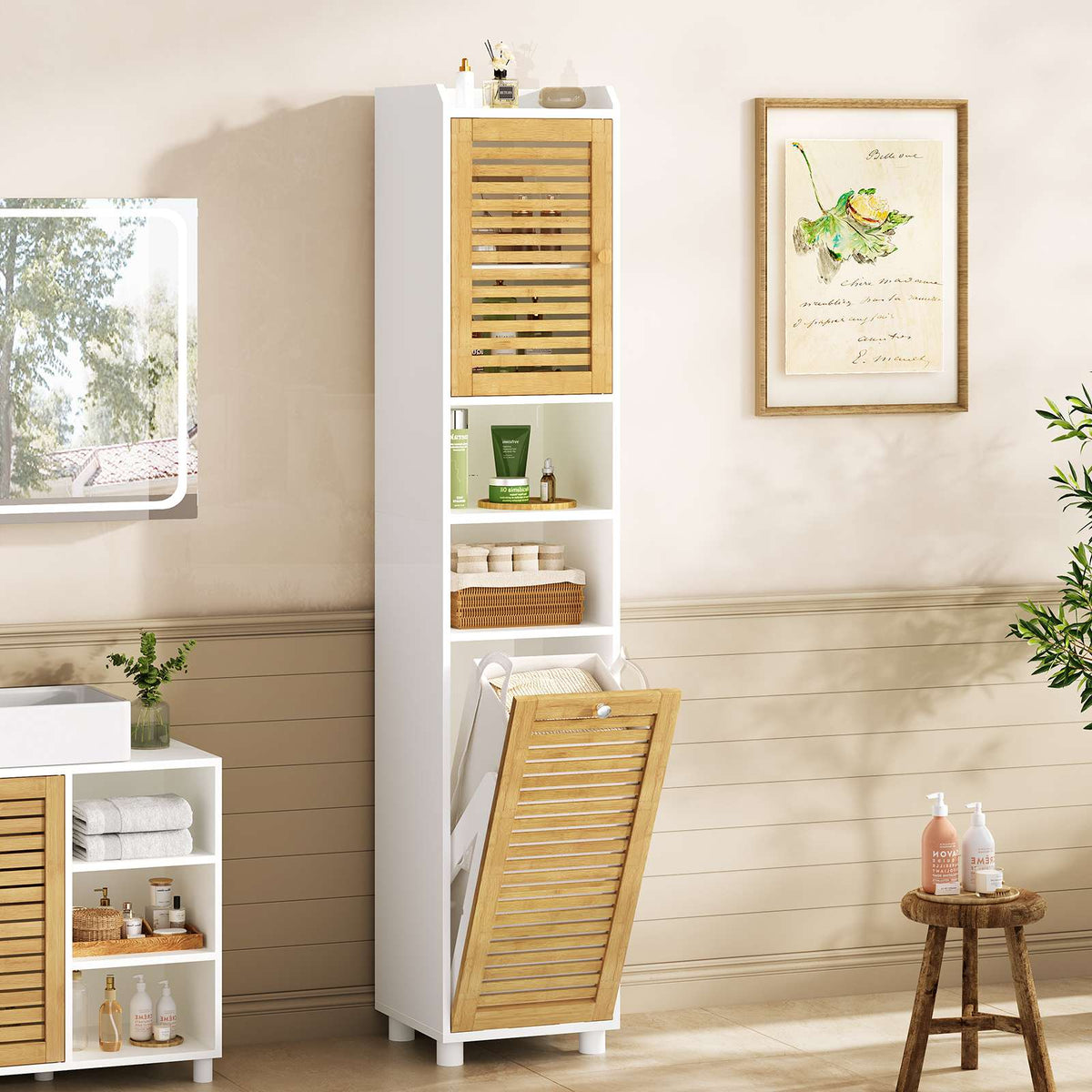 Meuble Colonne Salle de Bain Meuble de Rangement avec Etagère Réglable 2 Paniers à Linge 2 Étagères Ouvertes 30 x 30 x 170 cm