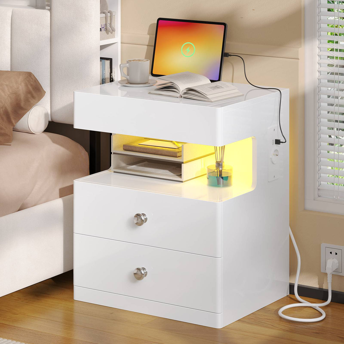 Table de chevet AOGLLATI avec lumière LED et veilleuse prise électrique 2 tiroirs et espace de rangement noir 40x35x59 cm