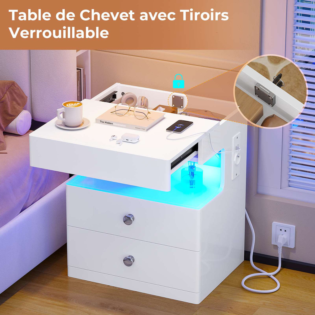 Table de chevet AOGLLATI avec lumière LED et veilleuse prise électrique 2 tiroirs et espace de rangement noir 40x35x59 cm