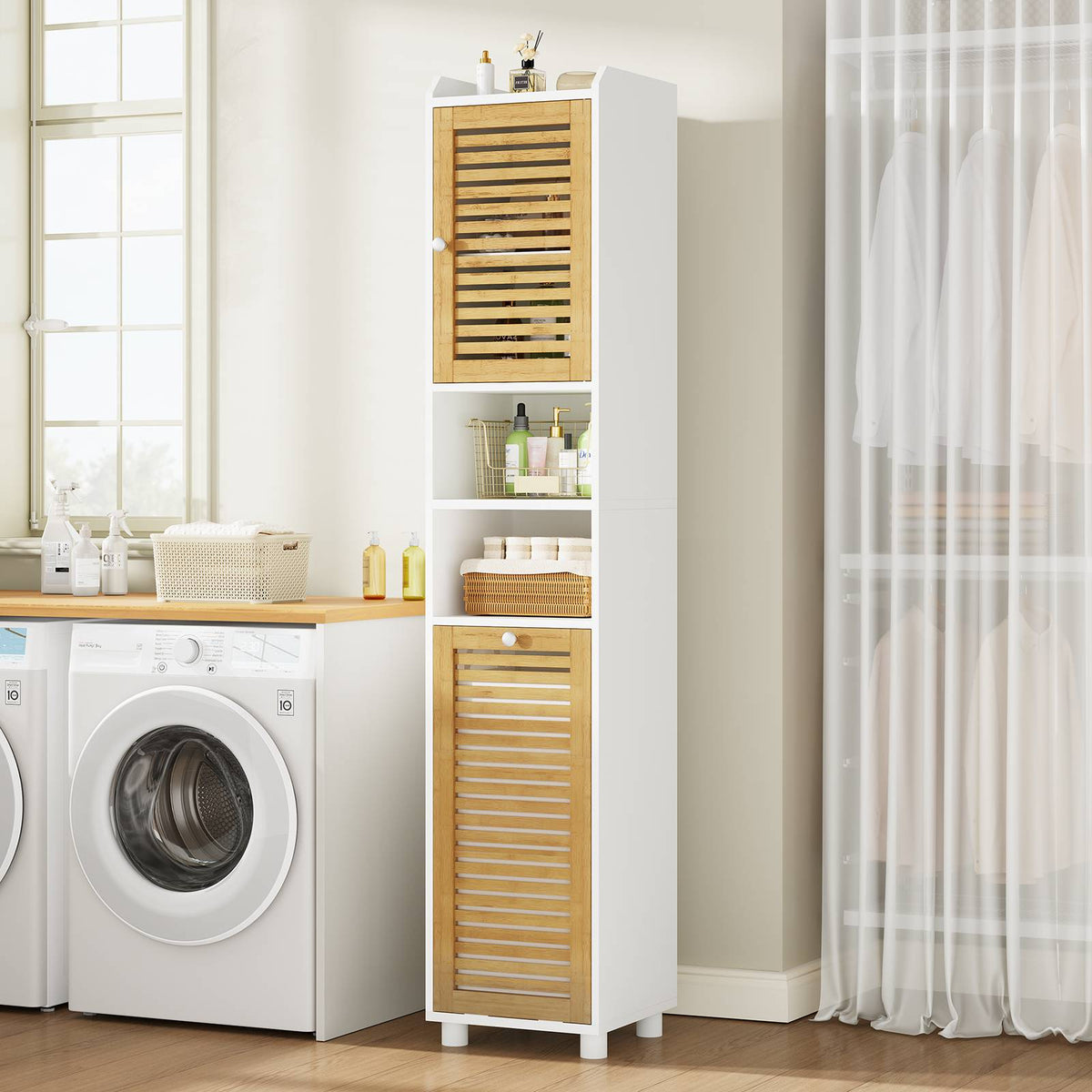 Meuble Colonne Salle de Bain Meuble de Rangement avec Etagère Réglable 2 Paniers à Linge 2 Étagères Ouvertes 30 x 30 x 170 cm