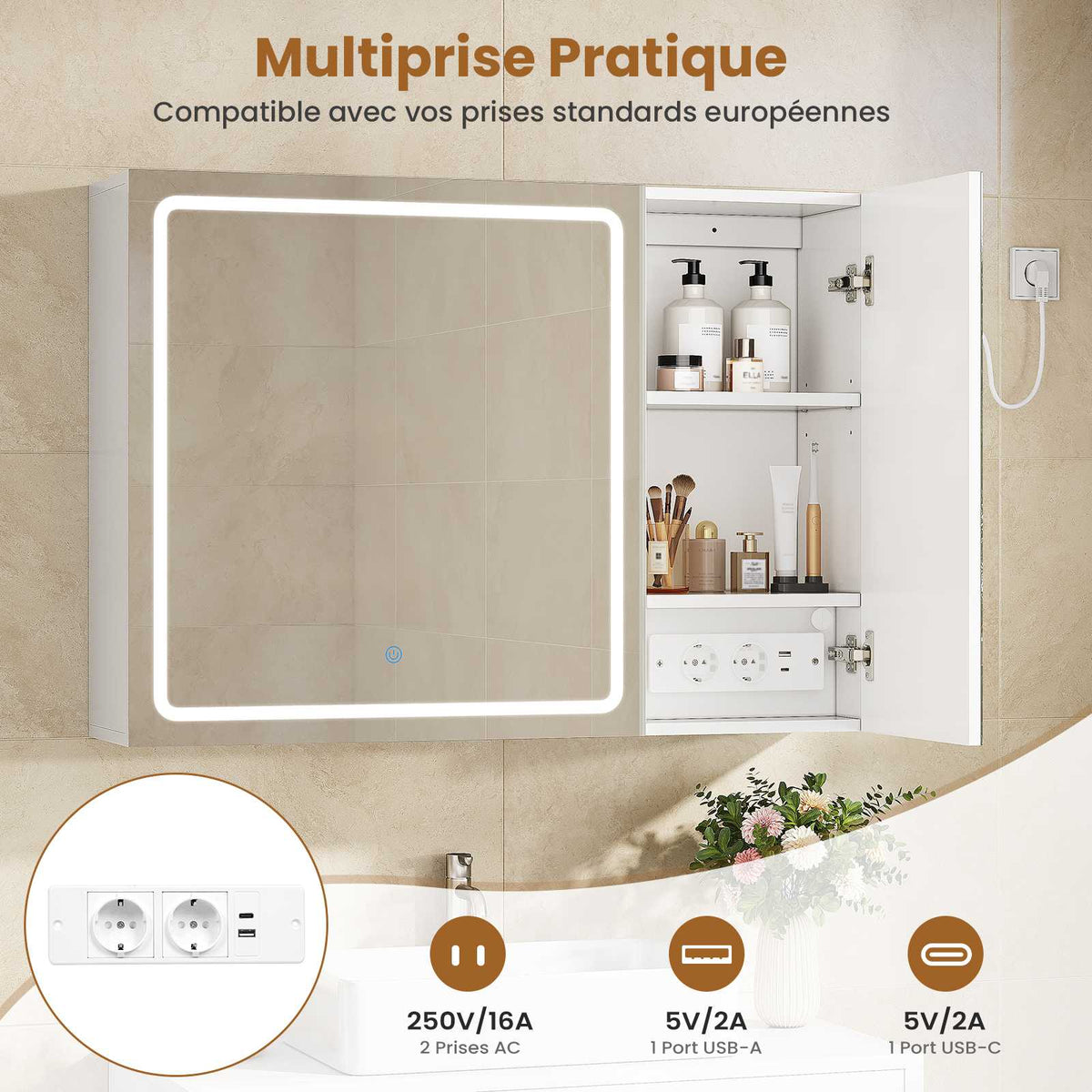 AOGLLATI  Armoire Murale Salle de Bain avec Prise 3 Températures Lumière  Dimmable  Armoire de Toilette avec Miroir HD 16 x 80 x 60 cm Blanc