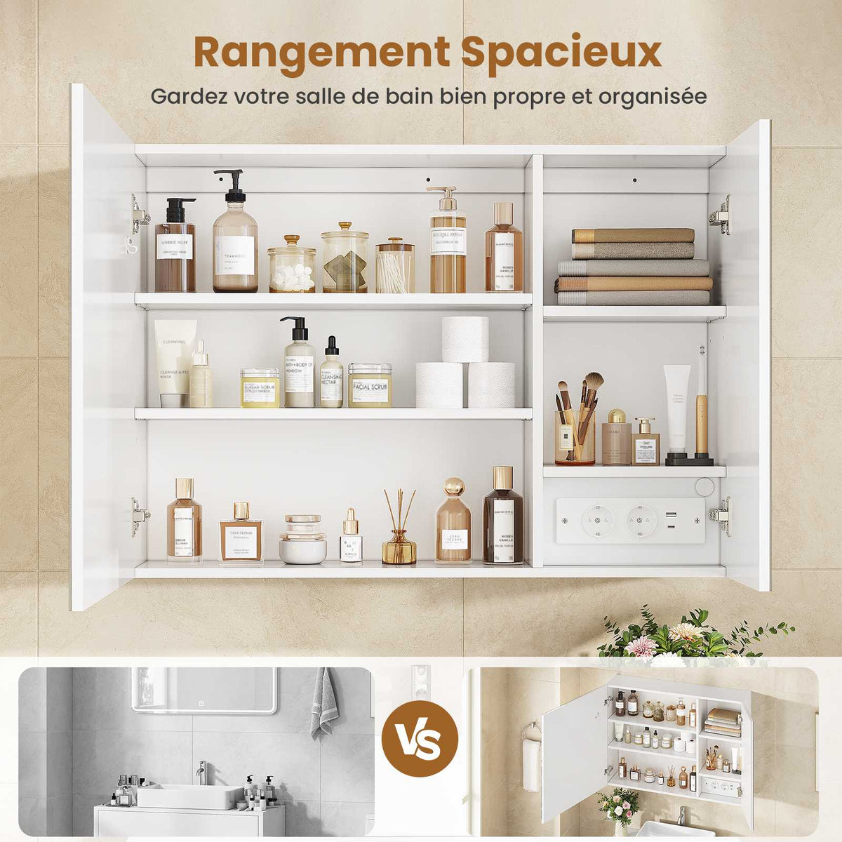 AOGLLATI  Armoire Murale Salle de Bain avec Prise 3 Températures Lumière  Dimmable  Armoire de Toilette avec Miroir HD 16 x 80 x 60 cm Blanc