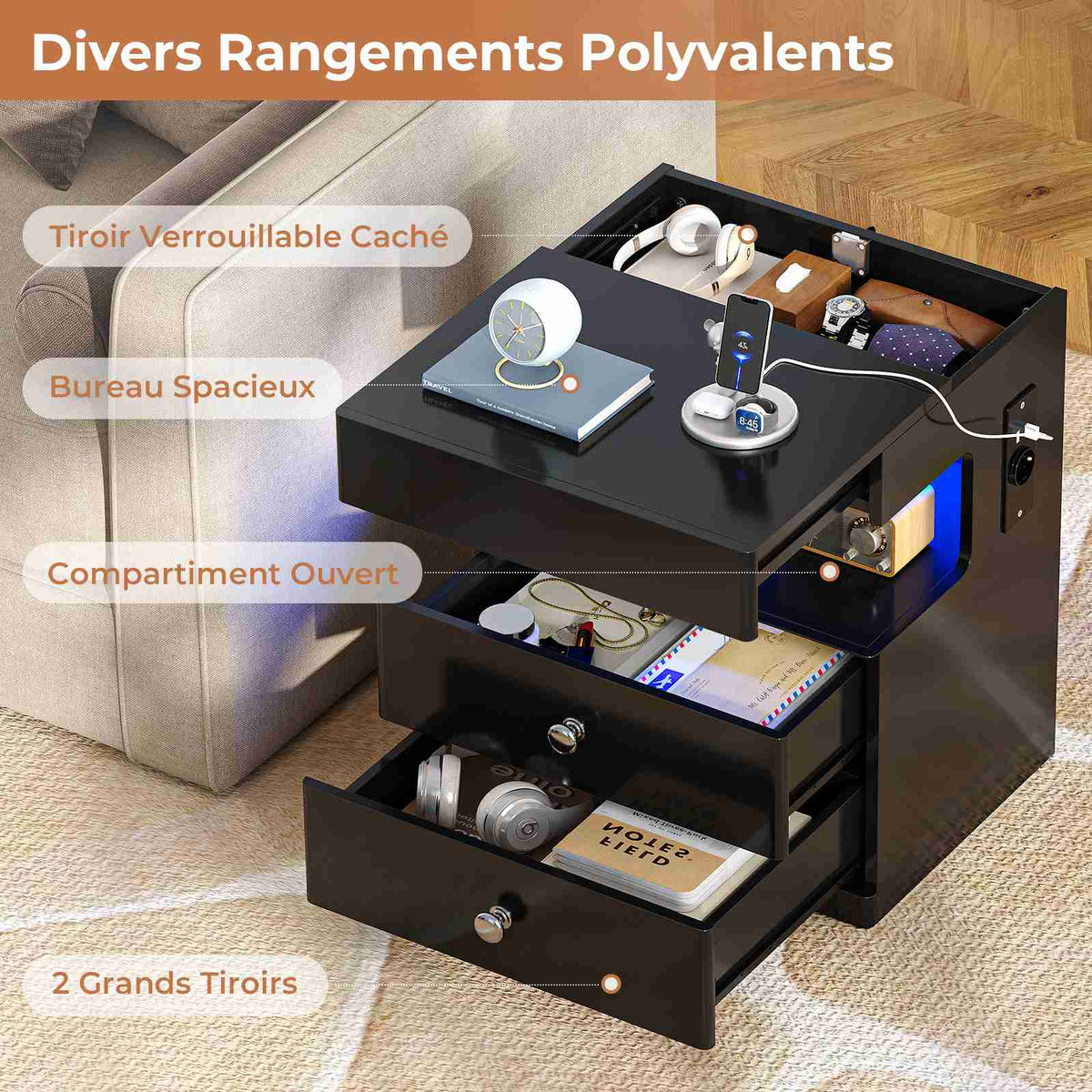 Table de chevet AOGLLATI avec lumière LED et veilleuse prise électrique 2 tiroirs et espace de rangement noir 40x35x59 cm