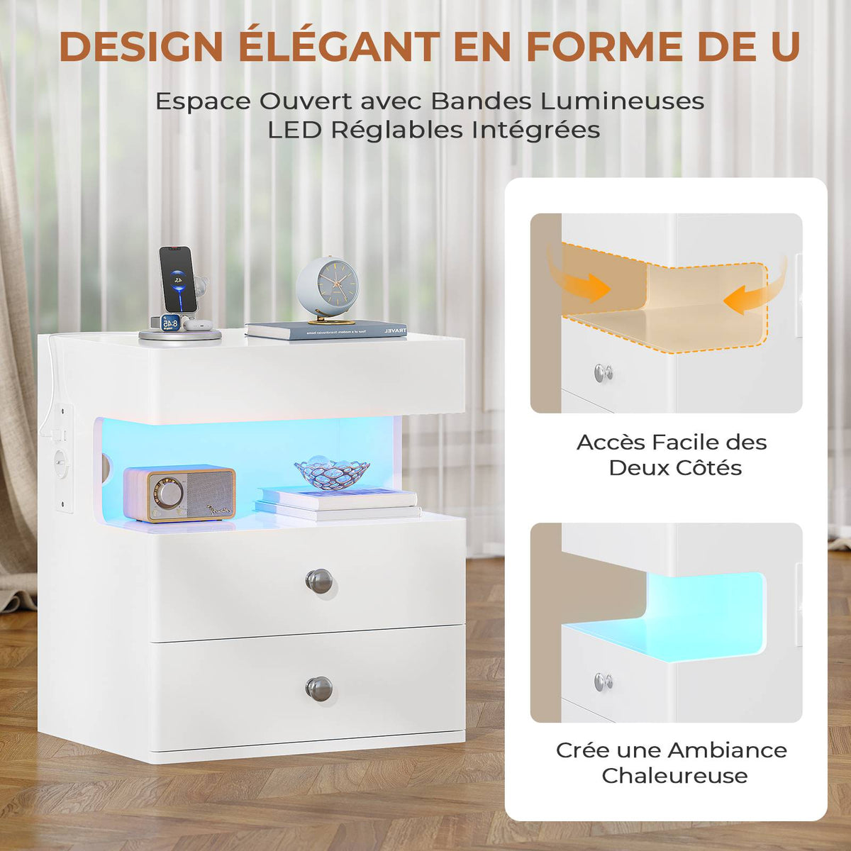 Table de chevet AOGLLATI avec lumière LED et veilleuse prise électrique 2 tiroirs et espace de rangement noir 40x35x59 cm