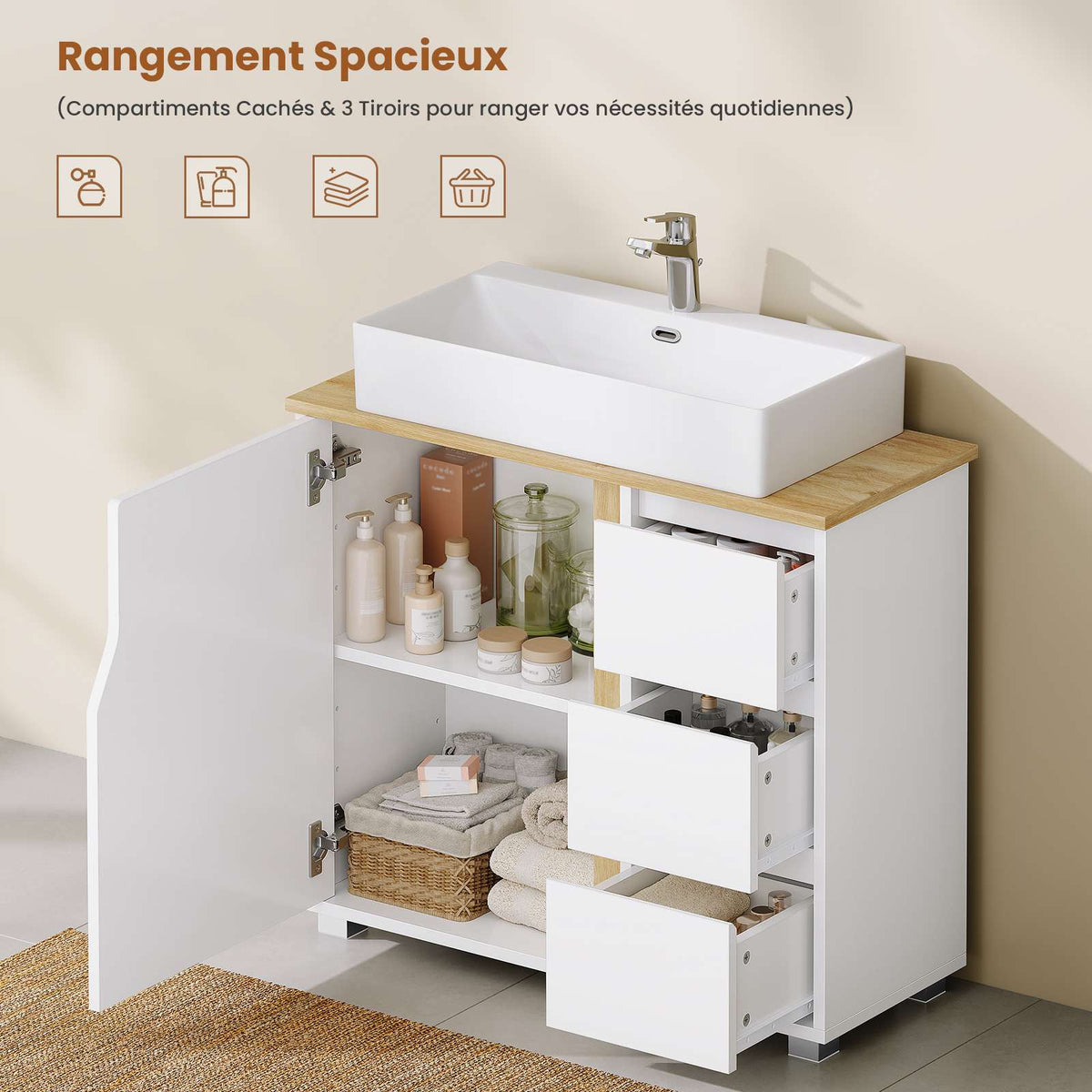 AOGLLATI Meuble sous lavabo Meuble sous Vasque avec 3 Tiroirs Latéraux 2 Cases derrière la Porte Étagères Réglables Blanc 30 x 60 x 72 cm