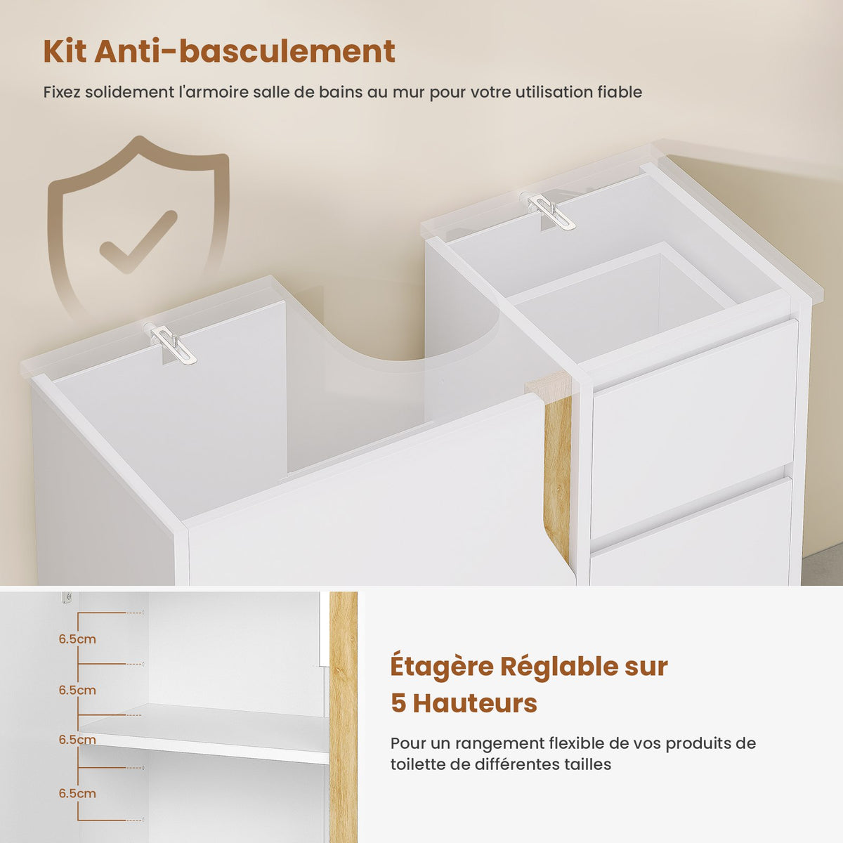 AOGLLATI Meuble sous lavabo Meuble sous Vasque avec 3 Tiroirs Latéraux 2 Cases derrière la Porte Étagères Réglables Blanc 30 x 60 x 72 cm