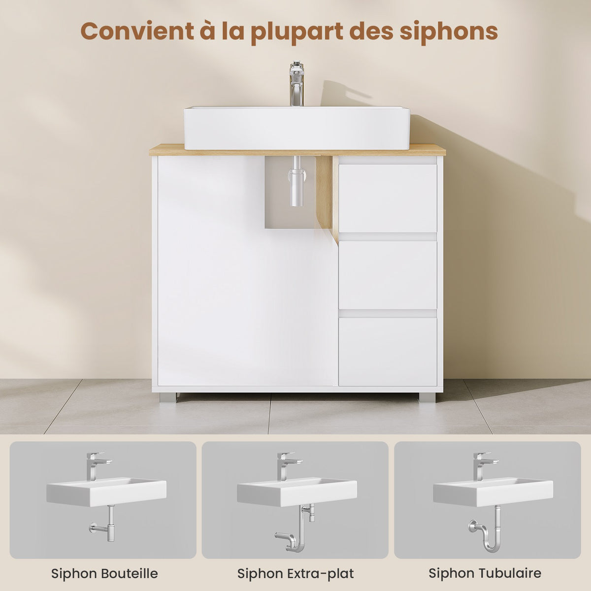AOGLLATI Meuble sous lavabo Meuble sous Vasque avec 3 Tiroirs Latéraux 2 Cases derrière la Porte Étagères Réglables Blanc 30 x 60 x 72 cm