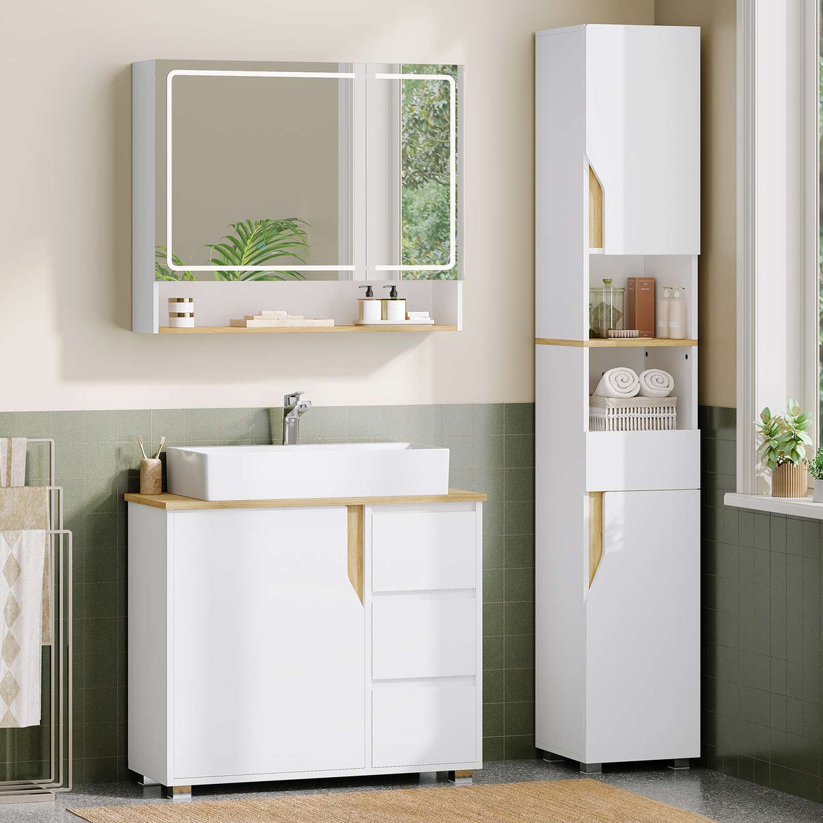 AOGLLATI Meuble sous lavabo Meuble sous Vasque avec 3 Tiroirs Latéraux 2 Cases derrière la Porte Étagères Réglables Blanc 30 x 60 x 72 cm