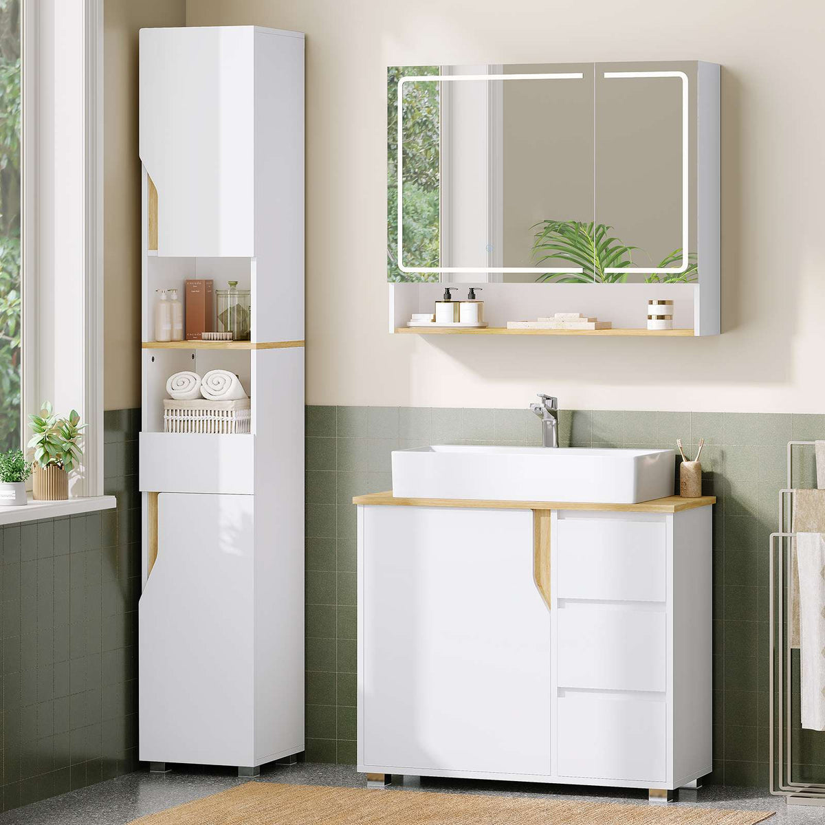 AOGLLATI Meuble sous lavabo Meuble sous Vasque avec 3 Tiroirs Latéraux 2 Cases derrière la Porte Étagères Réglables Blanc 30 x 60 x 72 cm