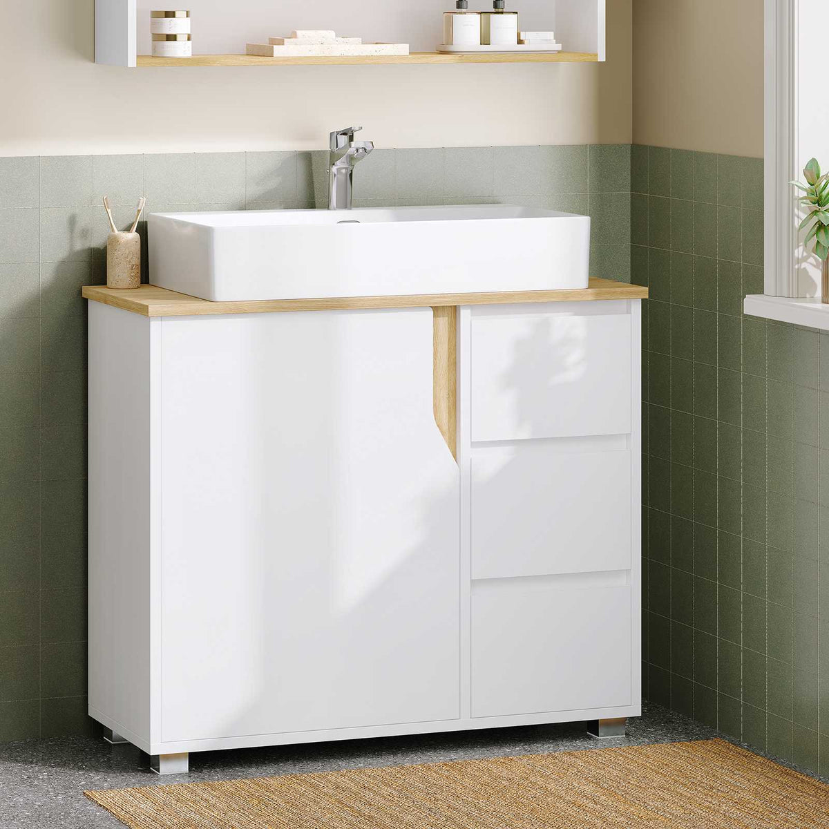AOGLLATI Meuble sous lavabo Meuble sous Vasque avec 3 Tiroirs Latéraux 2 Cases derrière la Porte Étagères Réglables Blanc 30 x 60 x 72 cm
