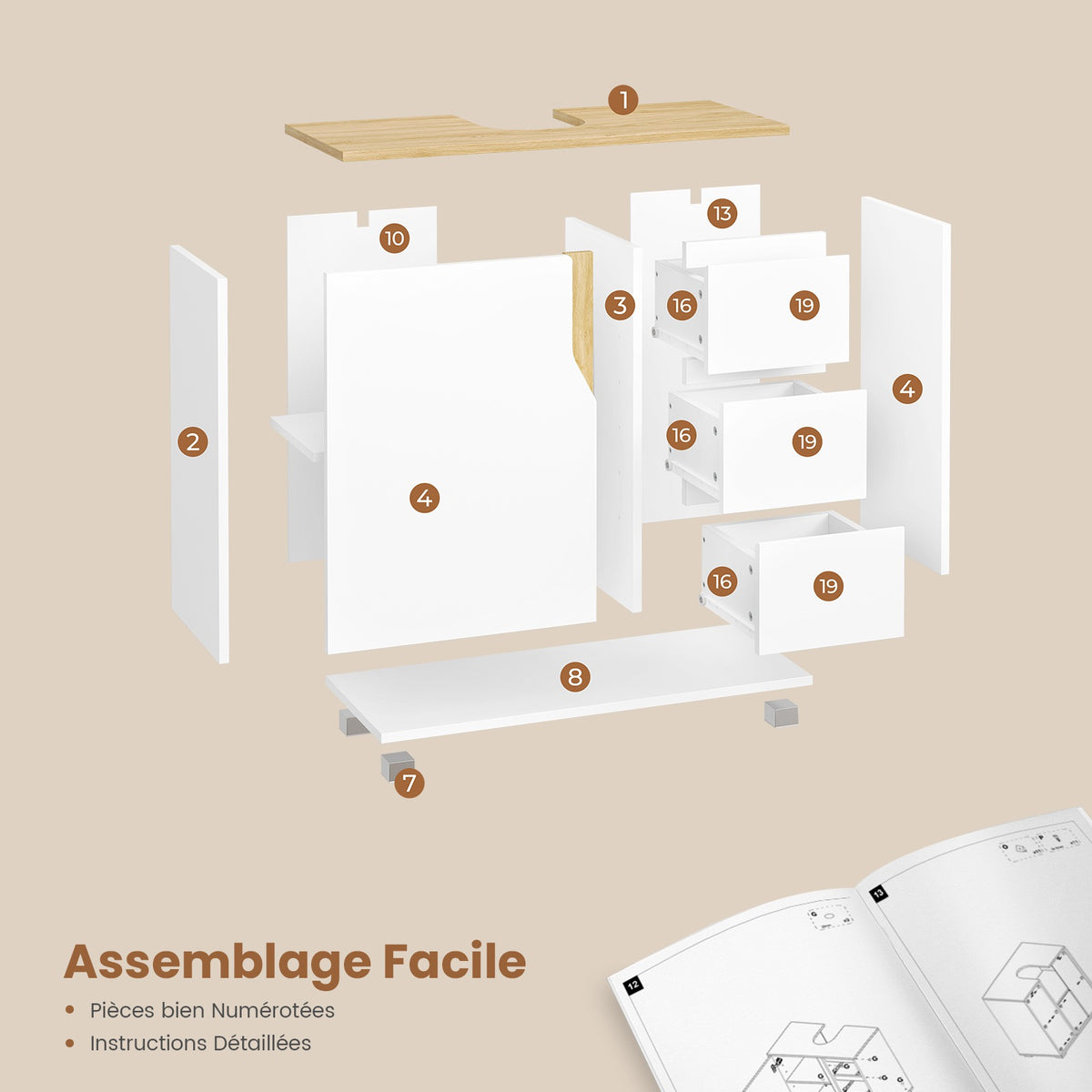 AOGLLATI Meuble sous lavabo Meuble sous Vasque avec 3 Tiroirs Latéraux 2 Cases derrière la Porte Étagères Réglables Blanc 30 x 60 x 72 cm