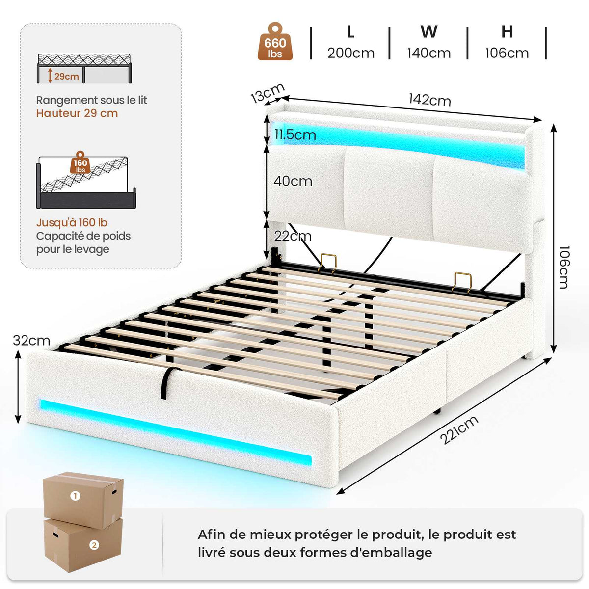 Lit à réglage hydraulique AOGLLATI 140 × 200 avec espace de rangement, équipé d'un éclairage LED et d'un port USB tête de lit rembourrée avec espace de rangement