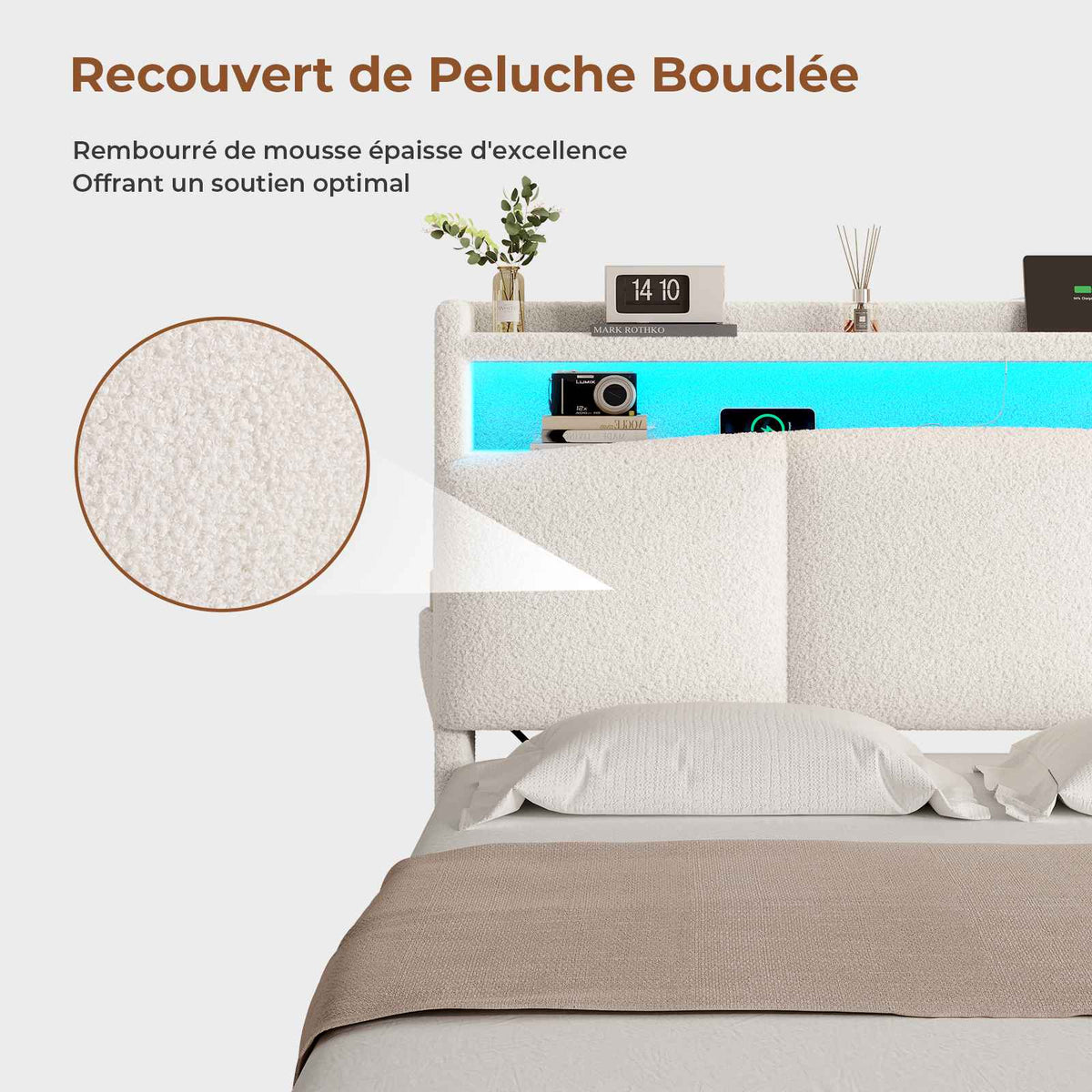 Lit à réglage hydraulique AOGLLATI 140 × 200 avec espace de rangement, équipé d'un éclairage LED et d'un port USB tête de lit rembourrée avec espace de rangement
