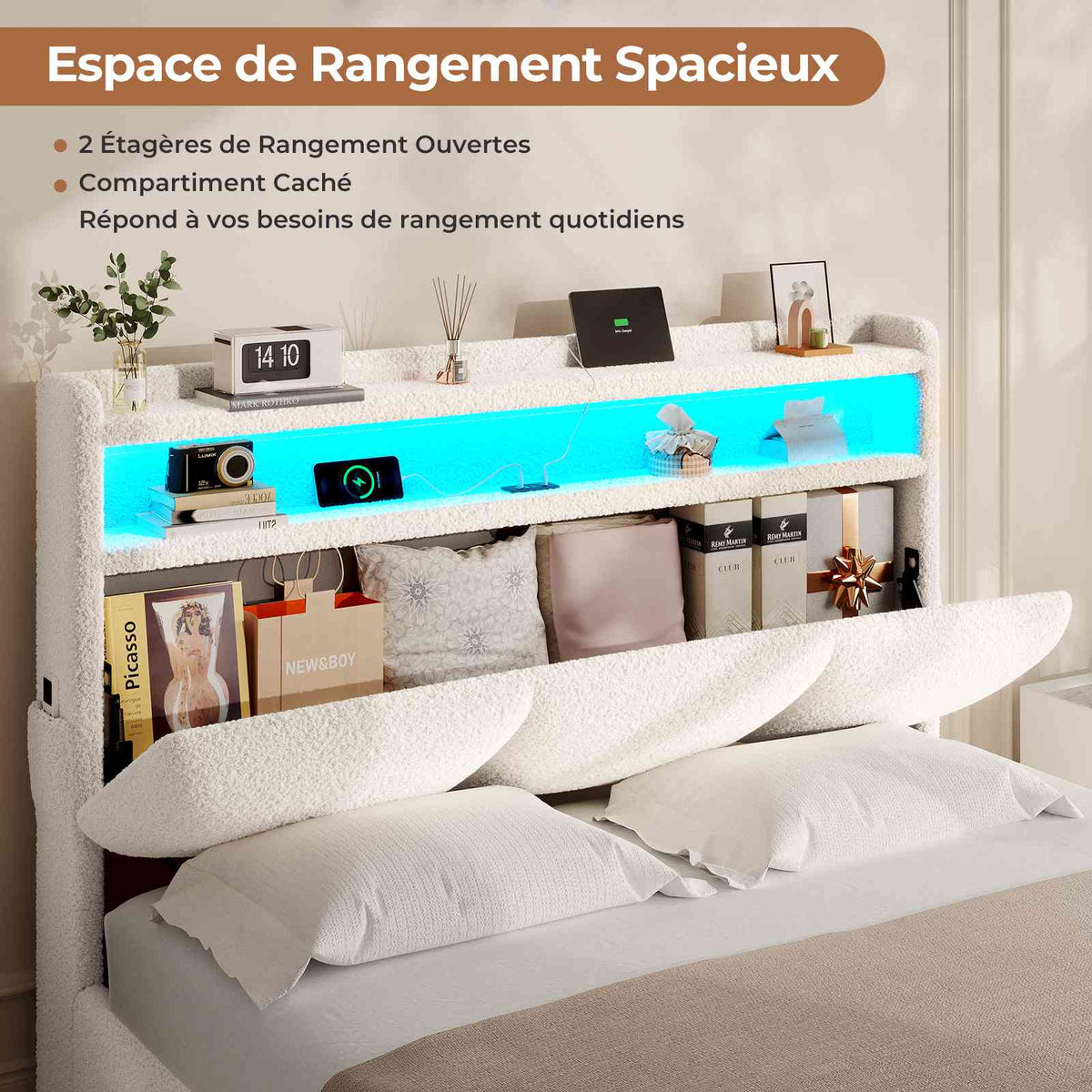 Lit à réglage hydraulique AOGLLATI 140 × 200 avec espace de rangement, équipé d'un éclairage LED et d'un port USB tête de lit rembourrée avec espace de rangement