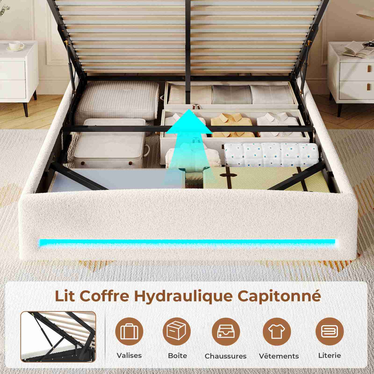Lit à réglage hydraulique AOGLLATI 140 × 200 avec espace de rangement, équipé d'un éclairage LED et d'un port USB tête de lit rembourrée avec espace de rangement