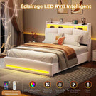 Lit à réglage hydraulique AOGLLATI 140 × 200 avec espace de rangement, équipé d'un éclairage LED et d'un port USB tête de lit rembourrée avec espace de rangement