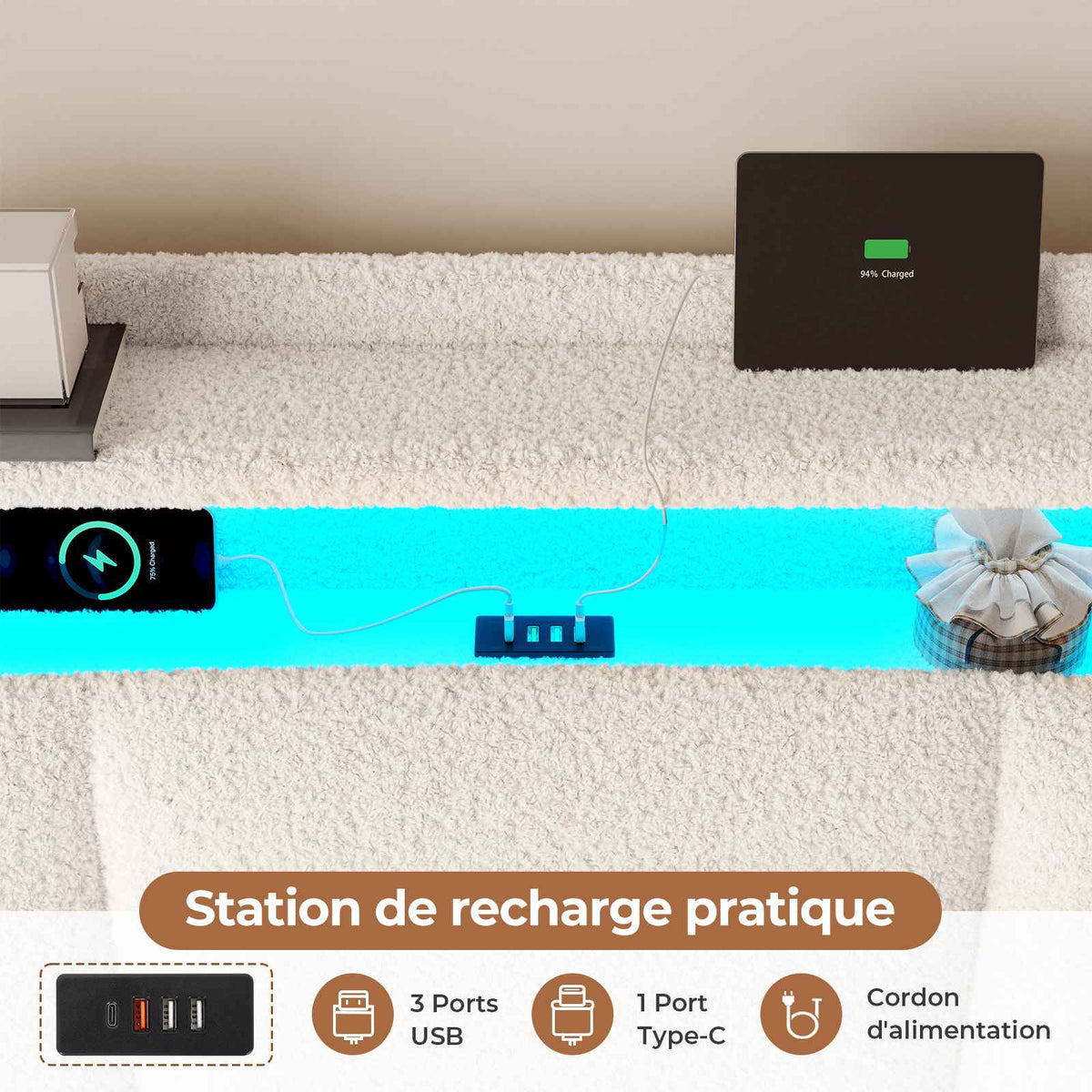 Lit à réglage hydraulique AOGLLATI 140 × 200 avec espace de rangement, équipé d'un éclairage LED et d'un port USB tête de lit rembourrée avec espace de rangement