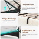 Lit à réglage hydraulique AOGLLATI 140 × 200 avec espace de rangement, équipé d'un éclairage LED et d'un port USB tête de lit rembourrée avec espace de rangement