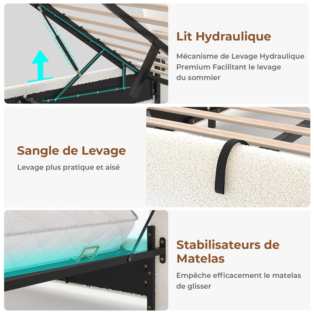 Lit à réglage hydraulique AOGLLATI 140 × 200 avec espace de rangement, équipé d'un éclairage LED et d'un port USB tête de lit rembourrée avec espace de rangement